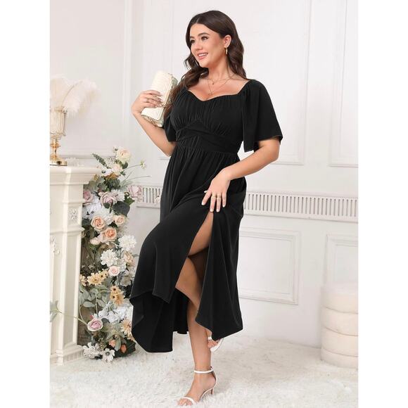 Semi Formal Ruffle Short Sleeve Sweetheart Neckline Slit A Line Flowy Maxi Dress - Picture 4 of 4